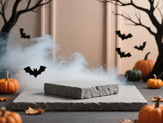 Stone podium and minimal abstract background for Halloween,Stage for product display with smoke 