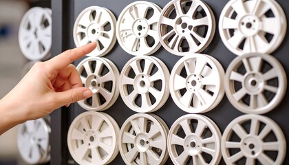Hand pointing at a display of white film reels