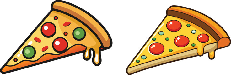 Two Cartoon Pizza Slices Topped with Pepperoni and Peppers Drizzled with Melted Cheese