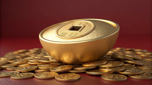 Golden chinese ingot and coins symbolizing wealth and prosperity on a red background