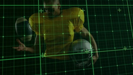 Male football player lifting arm and tossing ball under green grid overlay for sports tech tracking - Powered by Adobe