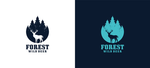 Vector design of a deer silhouette logo standing in the middle of a grove of pine trees