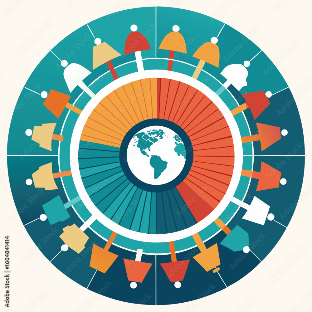 Poster abstract circular diagram depicting global population statistics and data visualization for infograp