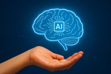 Human Hand with Glowing Brain Circuit – AI Innovation and Technology Concept Illustration