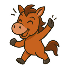 Joyful cartoon horse happily waves hello