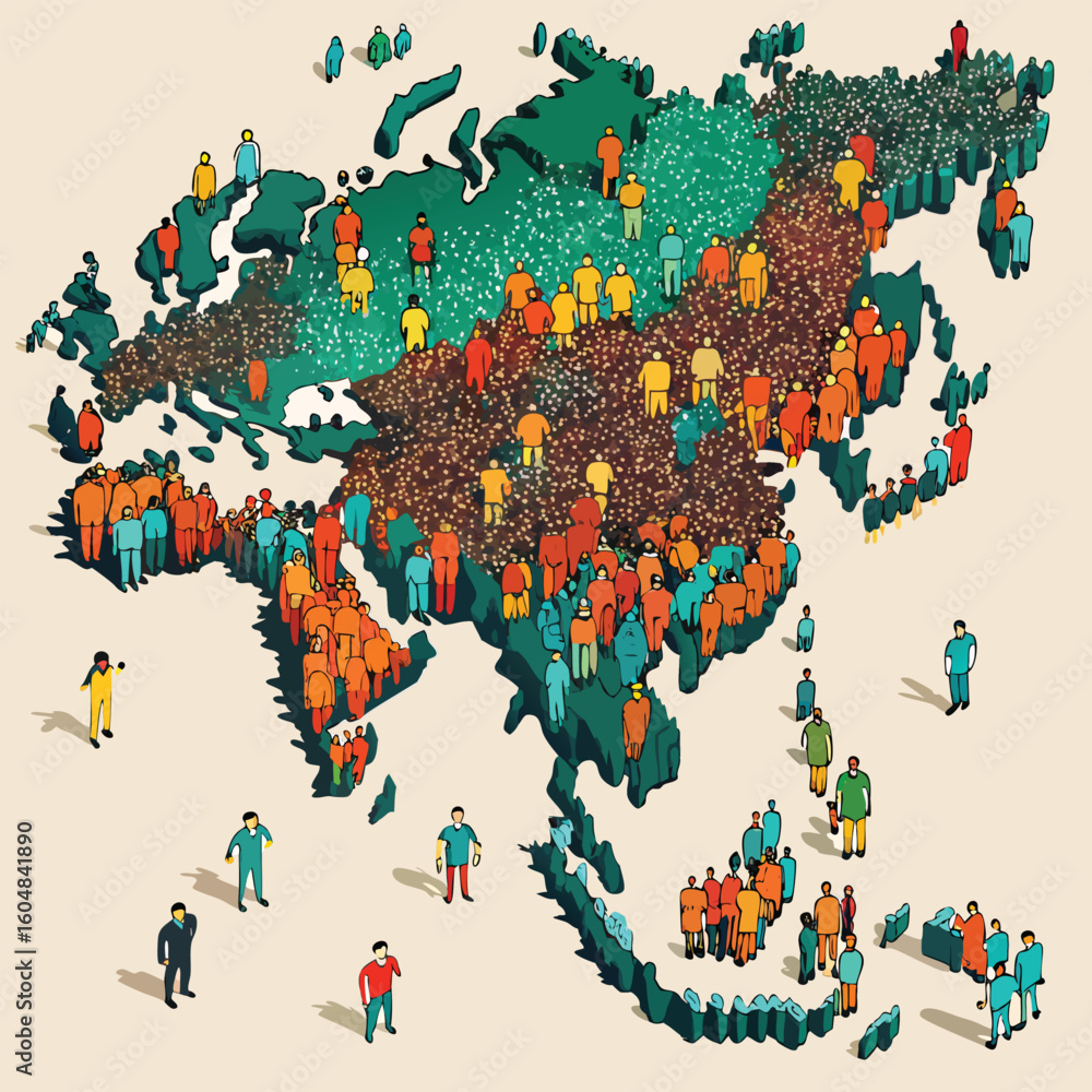 Poster conceptual illustration showing the distribution of population by region and population statistics a