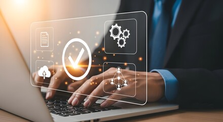 Businessman interacting with a digital interface showcasing business process icons