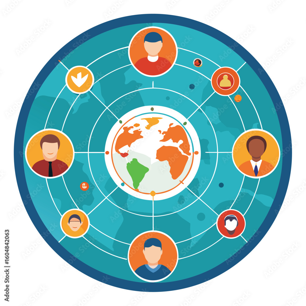 Poster global population statistics visualized with earth globe surrounded by diverse avatar representative