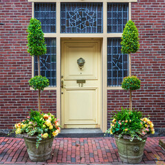 Bright yellow entrance door with symmetrical topiary planters and colorful flowers in Boston,...