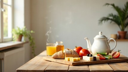 Fototapeta premium A sunlit morning breakfast tableau featuring fresh bread, cheese, juice, and vegetables arranged artfully on a rustic wooden table