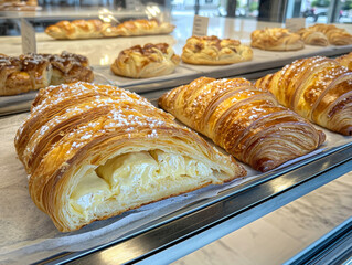 Cream-filled croissants and pastries displayed in a glass case