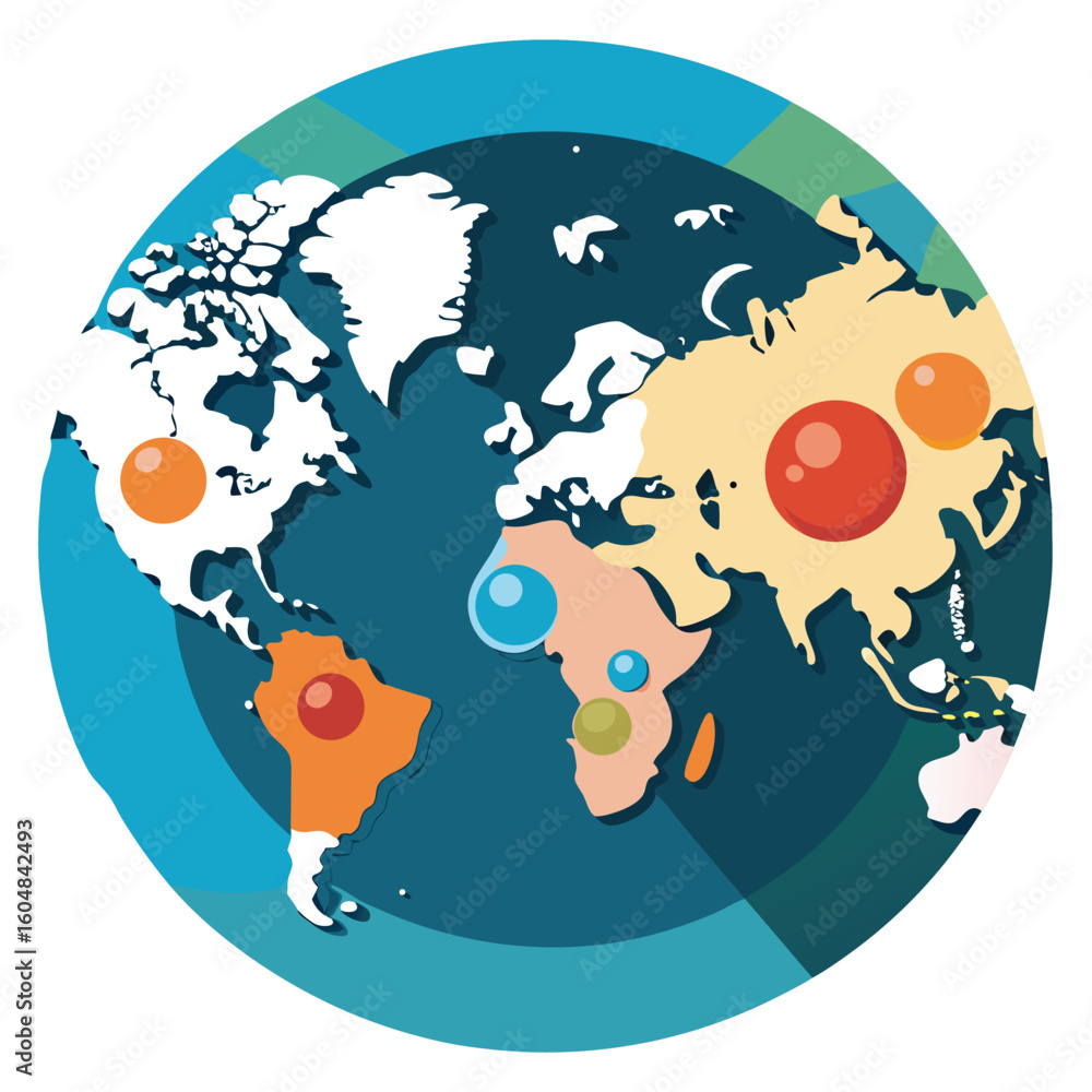 Poster simplified and abstracted flat earth globe illustration representing population statistics and world
