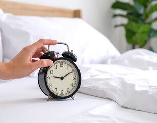 Hand reaching for an alarm clock on a bed
