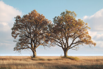 Serene Landscape Featuring Two Trees Rising Amidst a Grassy Field