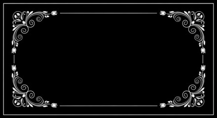 Elegant white floral border design with swirling vines and tulip accents on a classic black background, perfect for invitations and decorative framing