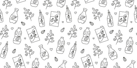 Seamless pattern with doodle outline almond milk, floral almond branches and nuts. Plant based alternative beverage. Nutty milk. Vegan calcium source. Healthy nutrition.