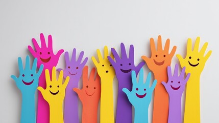 World Kindness Day Vector Icon: Colorful Cartoon Hands with Happy Faces on White Background - Left-Aligned Cutout for Children's Educational Materials