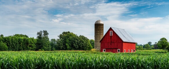 The vibrant red barn surrounded by lush green cornfields under a bright sky.