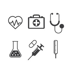 Obraz premium Medical Icons Heartbeat First Aid Kit Stethoscope Syringe Flask Thermometer health healthcare