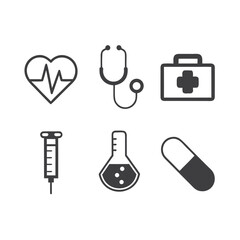 Medical Icons Heartbeat Stethoscope First Aid Kit Syringe Flask Pill health healthcare