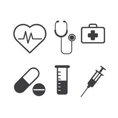 Medical icons electrocardiogram stethoscope first aid kit pills test tube syringe health healthcare