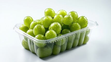 Fresh Shine Muscat grapes, green color, transparent plastic container, glossy skin, natural shine, water droplets, extreme close-up, trendy healthy snack, premium fruits, street food market, Korean