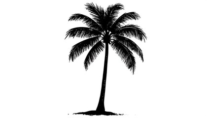 Silhouette of a palm tree against a white background.  Simple, tropical