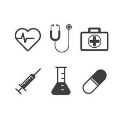 Medical icons including heartbeat stethoscope first aid kit syringe flask and capsule health healthcare