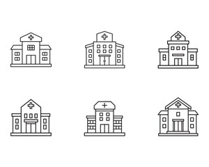 Collection of Hospital Building Icons Representing Healthcare Architecture and Medical Services in a Modern Line Art Style