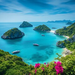 Fototapeta premium Stunning Aerial View of Tropical Islands with Turquoise Sea and Lush Vegetation