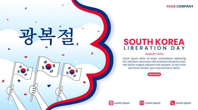 Gwangbokjeol or South Korea Liberation Day design with hands holding flags and a blue sky - Powered by Adobe