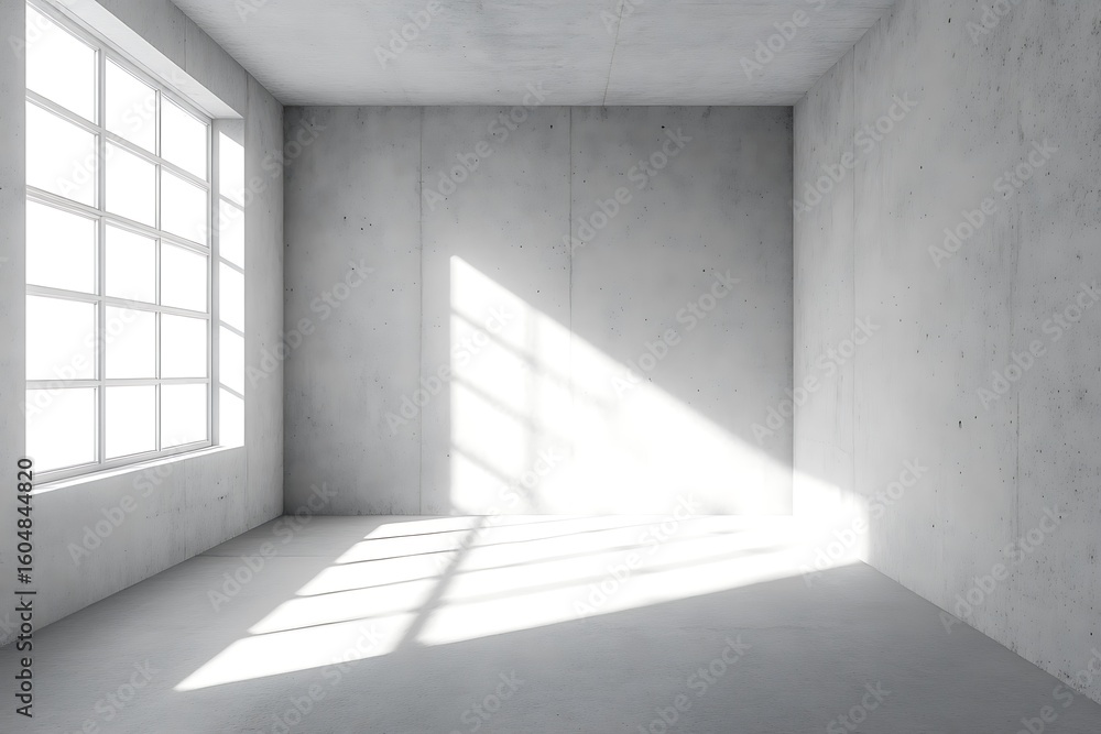 Poster sunlight streaming into empty concrete room with large window and minimalist design