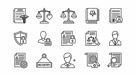 Medical Law and Ethics Line Icon Set – Healthcare Compliance, Patient Privacy, Legal, Insurance, Justice Vector Illustration

