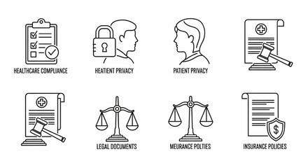 Medical Law and Ethics Line Icon Set – Healthcare Compliance, Patient Privacy, Legal, Insurance, Justice Vector Illustration

