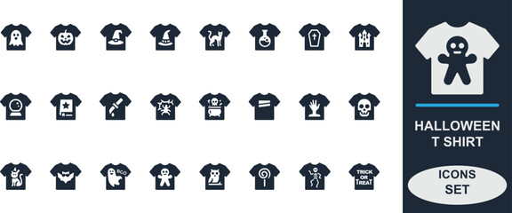 Flat solid Halloween T-shirt icon bundle with ghost, pumpkin, witch hat, bat, skull, cat, cauldron, mummy, broom & 'Trick or Treat' text; perfect for print, merch,  and web use.