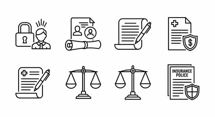 Medical Law and Ethics Line Icon Set – Healthcare Compliance, Patient Privacy, Legal, Insurance, Justice Vector Illustration

