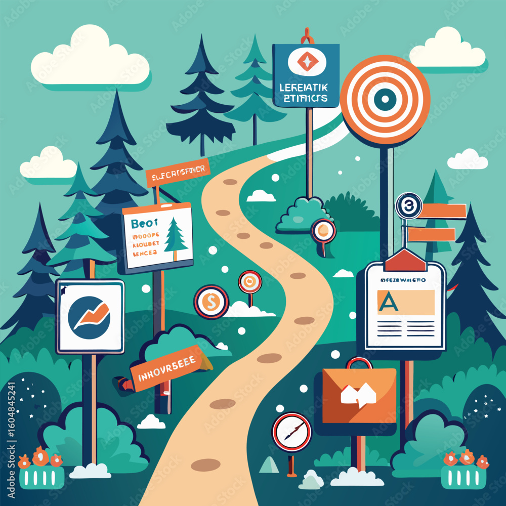 Poster a winding path leading towards a target surrounded by signs representing a product launch plan and v