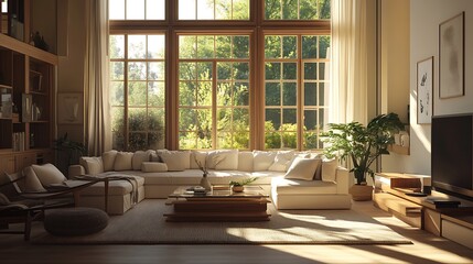 Fototapeta premium Sunny Interior View with White Sofa, Green Potted Plants, Large Window and Wooden Accents