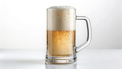 A tall glass mug filled with light beer and a thick white foam head against a white background