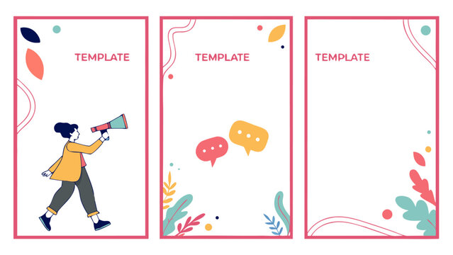 Modern social media story templates featuring a woman with a megaphone and speech bubbles with floral accents
