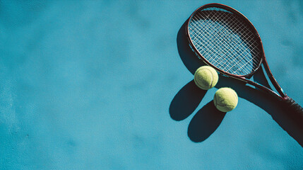 Tennis Racket and Balls in Blue Court