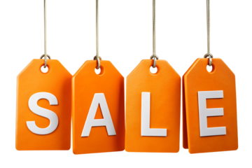 Vibrant orange tags spelling out sale hang from strings against a white backdrop ideal for advertising discounts and promotions isolated on transparent background