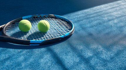 Tennis Racket and Balls on a Sunlit Blue Court
