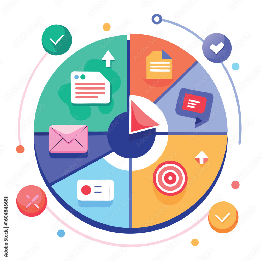 Poster colorful flat design illustration depicting various elements of a product launch plan process in a s