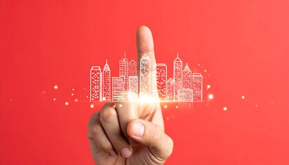 Hand touching a futuristic city sketch