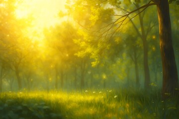 Magical Sunlit Forest Scene with Golden Rays and Green Grass