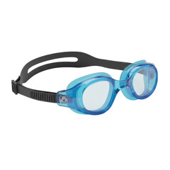 Modern swim goggle, translucent blue silicone frame, clear anti-fog lenses, black strap, three-quarter view, transparent studio background, no shadows, concept of high-end product excellence
