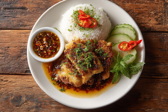 Crispy catfish and rice with green mango salad look delicious