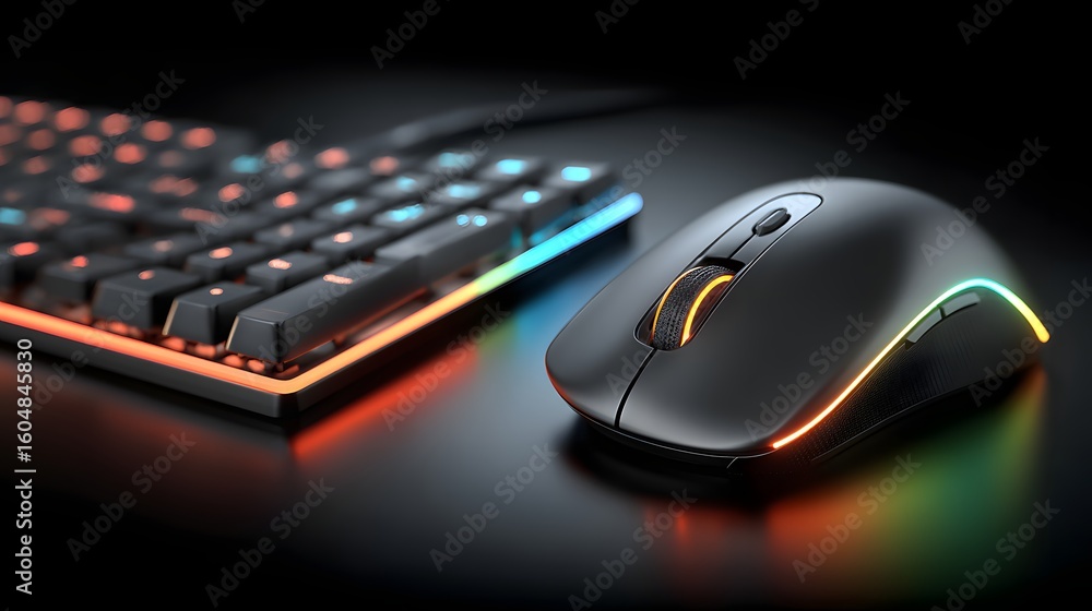 Aufkleber illuminated keyboard and mouse on a dark surface.