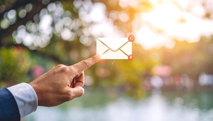 Hand touching email icon, blurred background